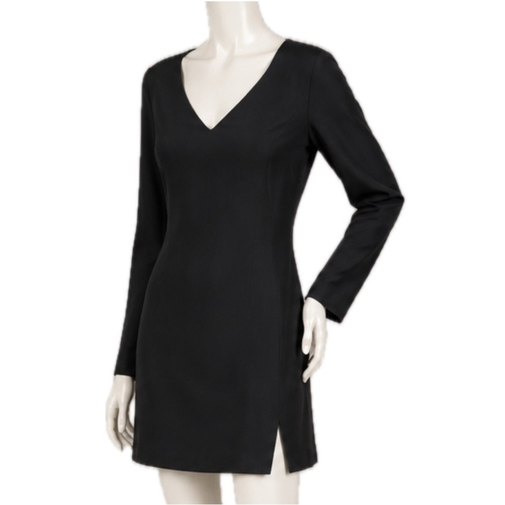 👗🕶️ HUGO BUSCATI Vintage 90s 100% Silk Mini Dress Black V-Neck Sz 12